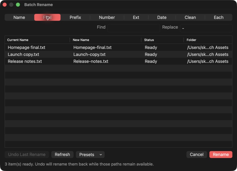 FinderCraft Batch Rename showing original filenames, previewed replacements, and ready status before renaming.