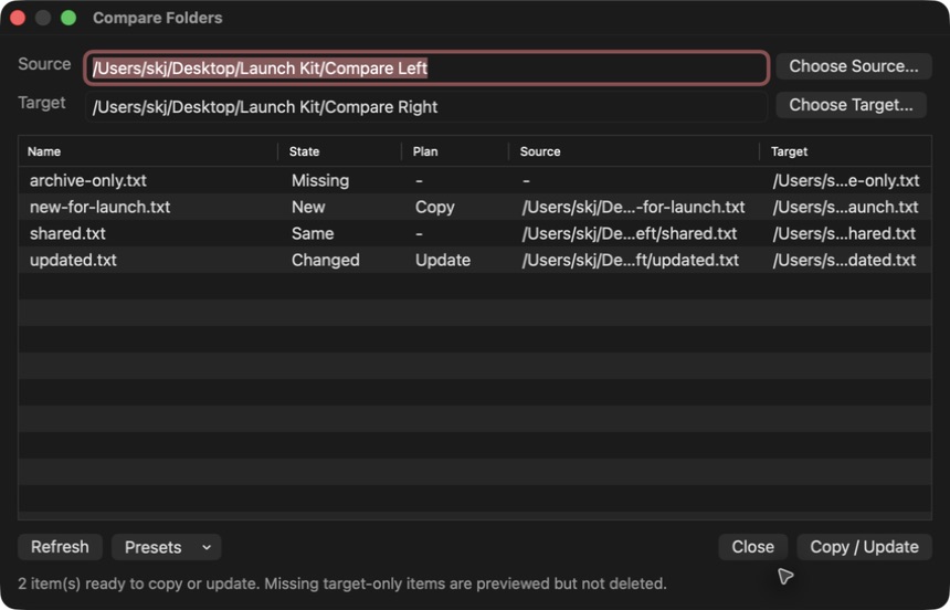 FinderCraft Compare Folders showing missing, new, same, and changed files with a reviewed copy and update plan.